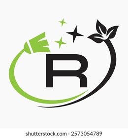 Monogram Letter R Clean Symbol Concept With Cleaning Brush Icon Vector Template