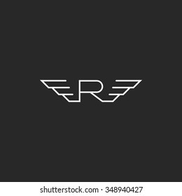 Monogram letter R logo wings mockup, flying abstract business card emblem, fast winged decorative design element