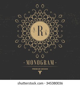 Monogram letter R. Luxury logo flourishes calligraphic elegant ornament lines. Business sign, identity for restaurant, royalty, boutique, cafe, hotel, heraldic, jewelry, fashion.