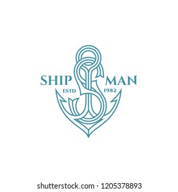 Monogram letter S with anchor in linear style. Vector illustration.