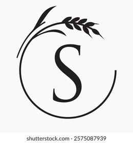 Monogram Letter S Bakery Logo Concept With Grain Wheat Symbol Vector Template
