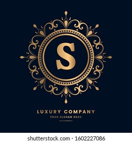 Monogram letter S logo luxury golden vector logo design. Logo for royal service of Restaurant,Boutique,Cafe,Hotel,Heraldic,Jewelry,Fashion,royal,spa,vintage,floral,ornament,jewelry,antique,wedding.