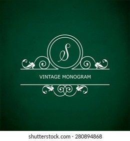 Monogram of the letter S, in retro floral style on green chalkboard background. EPS10 vector format