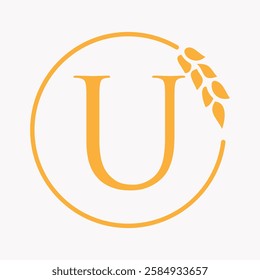 Monogram Letter U Bakery Logo Concept With Grain Wheat Symbol Vector Template