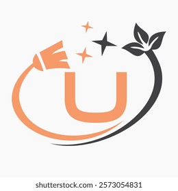 Monogram Letter U Clean Symbol Concept With Cleaning Brush Icon Vector Template