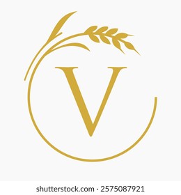 Monogram Letter V Bakery Logo Concept With Grain Wheat Symbol Vector Template