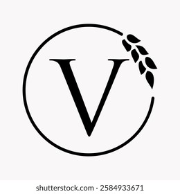 Monogram Letter V Bakery Logo Concept With Grain Wheat Symbol Vector Template