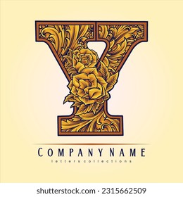 Monogram letter vintage engraved petal ornament initial Y illustrations vector illustrations for your work logo, merchandise t-shirt, stickers and label designs, poster, greeting cards advertising