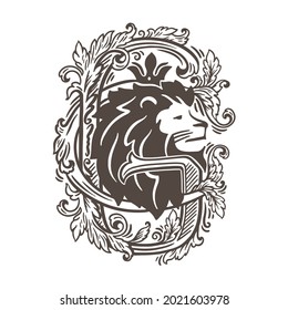 A monogram of letters c and G with lion head. Vector hand drawn illustration with ornaments