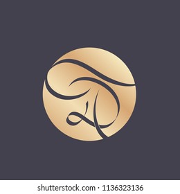 Monogram of the letters D&T in copper color circle.D&T initials vector logo in elegant calligraphy isolated on dark background.