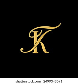 monogram of the letters K-J or J-K in gold on a black background for an elegant and modern brand name