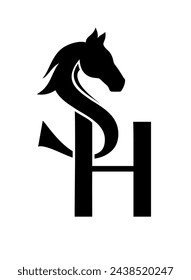 Monograma de letras S, H. Caballo logo, ilustración vectorial. Silueta de cabeza de caballo. Entrelazado de letras y caballo