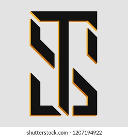 Monogram letters ST. Dark ST initials with gold sides. 3d letters. Logo monogram symbol design.
