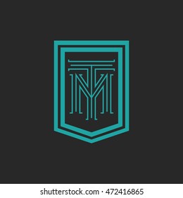 Monogram letters TM logo hipster frame form shield, crest blue and black combination T M initials mockup emblem business card