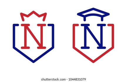 Monogram of letters V N on white. sign of crown, academic caps. For companies by education, training