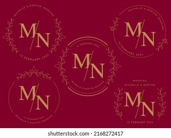 Monogram linear flat wedding logo collection. Round symbol for Romantic greeting card. Wild nature circle frame design element. flower border invitation template. vector illustration.