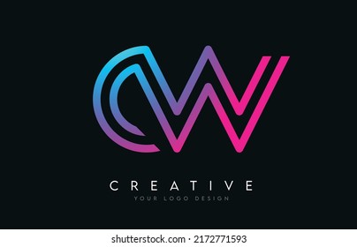 Diseño del logotipo de la letra W C W de líneas monográficas en colores neones. Ilustración del logotipo del icono del vector de letras modernas creativas.