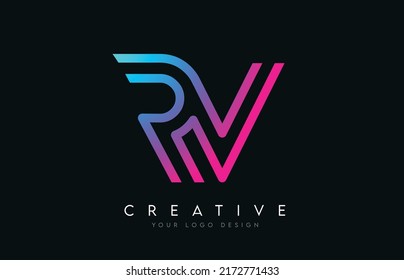 Monogram Lines RV R V Letter Logo Design in Neon Colors. Creative Modern Letters Vector Icon Logo Illustration.