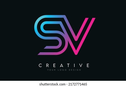 Monogram Lines SV S V Letter Logo Design in Neon Colors. Creative Modern Letters Vector Icon Logo Illustration.