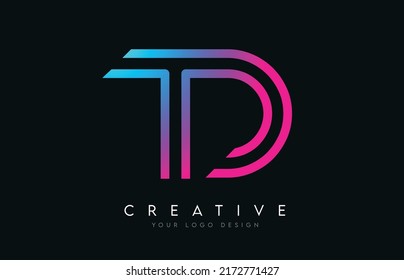 Monogram Lines TD T D Letter Logo Design in Neon Colors. Creative Modern Letters Vector Icon Logo Illustration.
