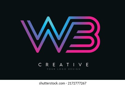 Monogram Lines WB W B Letter Logo Design in Neon Colors. Creative Modern Letters Vector Icon Logo Illustration.