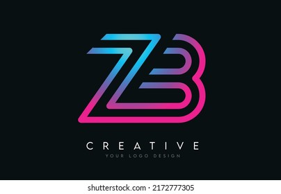 Monogram Lines ZB Z B Letter Logo Design in Neon Colors. Creative Modern Letters Vector Icon Logo Illustration.