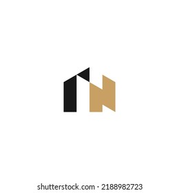 IN monogram logo abstract house shape. I and N logo black and gold.