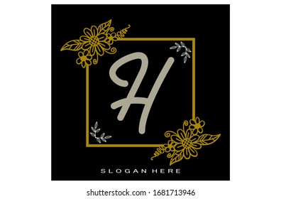 Monogram logo, black gold monogram frame with letter "H"