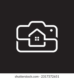 El logotipo Monogram combina la letra S y una cámara con un icono único, creativo y moderno sobre un fondo negro. Cámara e icono de la casa. Logo de fotografía inmobiliaria.