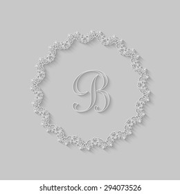 Monogram logo design. Elegant frame in trendy line style and the letter B in a light gray color with soft shadow