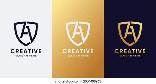 Monogram logo design initial letter A with line art style and shield concept. Logo design template for business company and personal