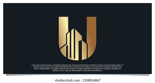 Monogram logo design initial letter U for business with building golden color concept Premium Vector