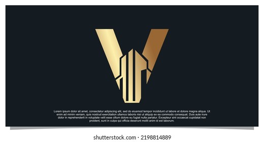 Monogram logo design initial letter V for business with building golden color concept Premium Vector
