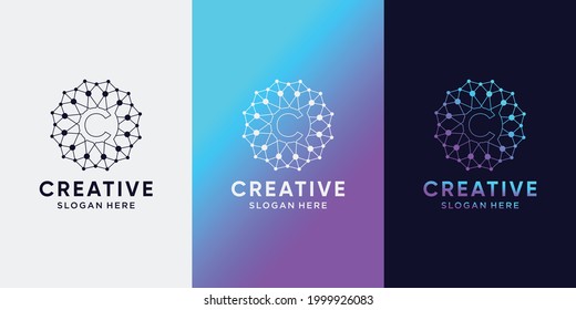 Monogram logo design for technology initial letter C with line art style and dot concept