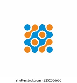 Monogram logo with dot concept. Universal colorful biotechnology molecule atom DNA chip symbol. Chemical lab logo template. Abstract hexagon vector logotype. Biology hi-tech technology logos. 