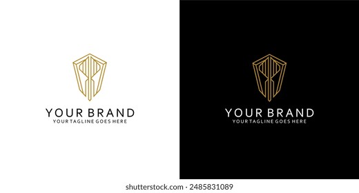 A monogram logo with a double letter p combining lines to form a monoline dynamic shield gives a simple impression of luxury, elegance and minimalism