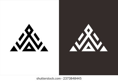 monogram logo in the form of a triangle forming a ribbon. Black and white background.