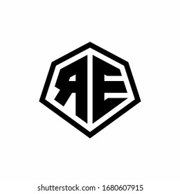 RE monogram logo with hexagon shape and line rounded style design template isolated on white background