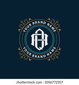 Monogram logo, Initial letters A, Q, AQ or QA, gold, blue and white color on navy blue background