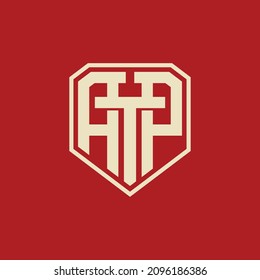 Monogram logo, Initial letters A, P, T, APT, ATP, PAT or TAP, modern, sporty, cream color on red background
