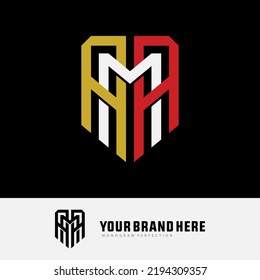 Monogram Logo, Initial letters A, M, AAM, AMA, or MAA, Interlock, Modern, Sporty, White, Red and Gold Color on Black Background