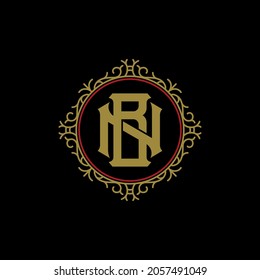 Logo del monograma, letras iniciales B, N, BN o NB, dorado y rojo sobre fondo negro