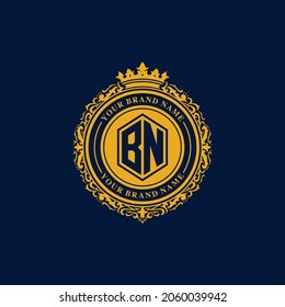 Monogram logo, Initial letters B, KN, BN or NB, yellow and navy blue color on navy blue background