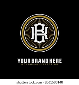 Monogram logo, Initial letters B, K, BK or KB, white and gold color on black background