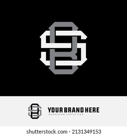 Monogram Logo, Initial letters B, S, BS or SB, Interlock, Modern, Sporty, White and Gray Color on Black Background