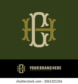 Monogram logo, Initial letters C, H, CH or HC, cream and gold color on green background