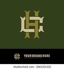 Monogram logo, Initial letters C, H, CH or HC, cream and gold color on green background