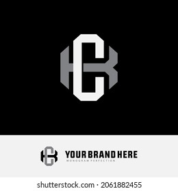 Monogram logo, Initial letters C, K, CK or KC, white and grey color on black background