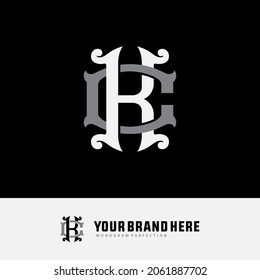 Monogram logo, Initial letters C, K, CK or KC, white and grey color on black background