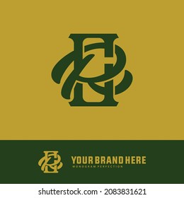 Monogram logo, Initial letters C, R, CR or RC, green color on yellow background